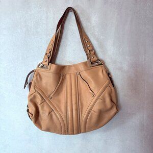 B. Makowsky Hobo Handbag Genuine Leather Pebble Purse Bag Tan Large
